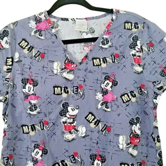 Disney Minnie Mouse Womens Scrub Top S Purple V-Neck Short Sleeves 100% Cotton C - Picture 2 of 6